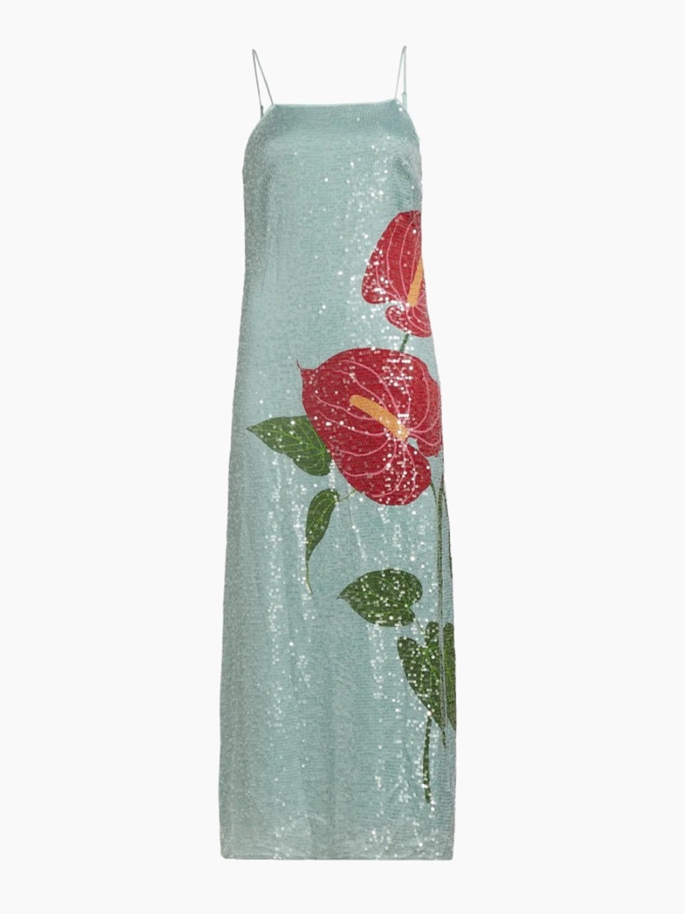 Farm Rio anthurium Sequin Slip Dress with Red Floral Detail